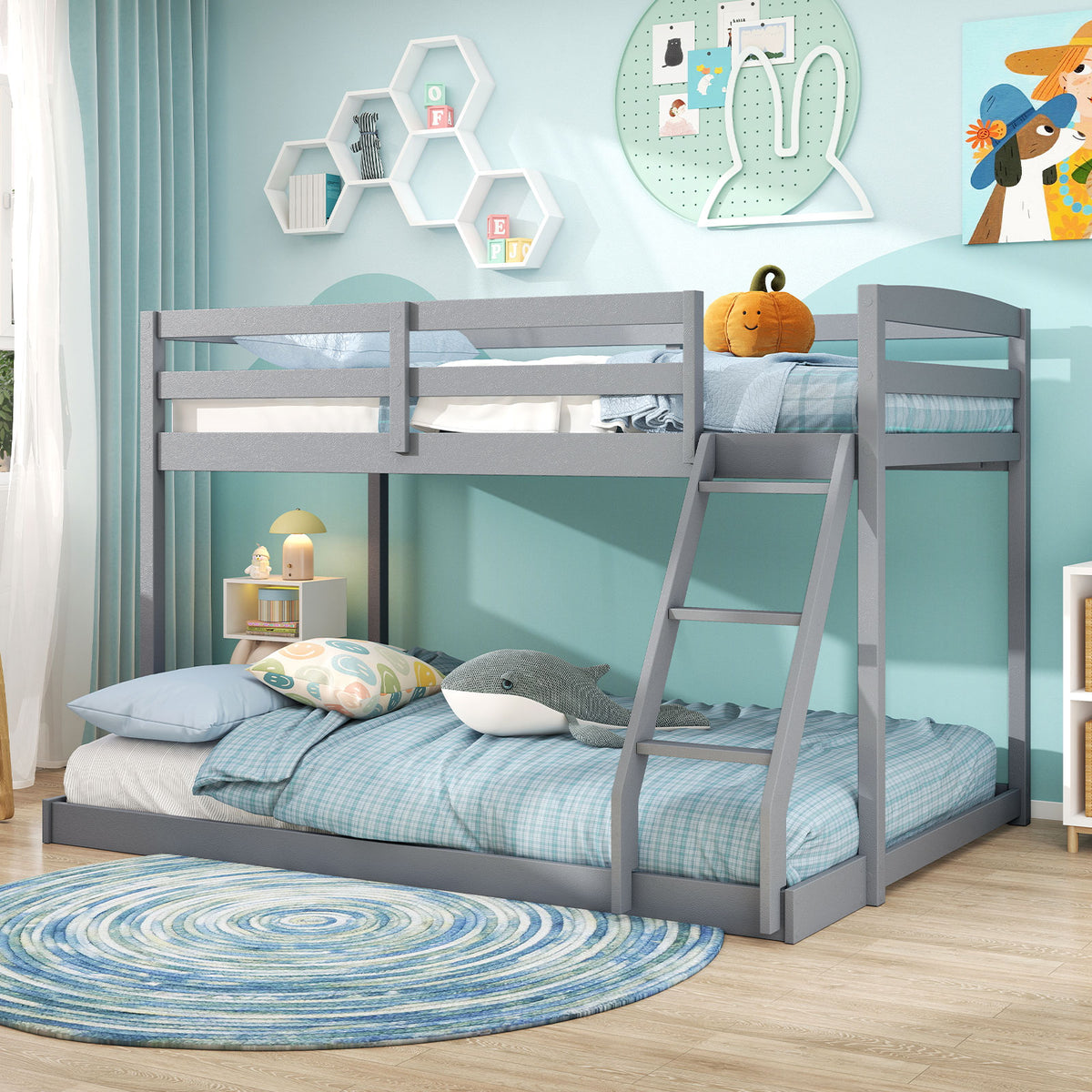 Twin Over Full Bunk Bed Low Floor Pine Wood - Gray