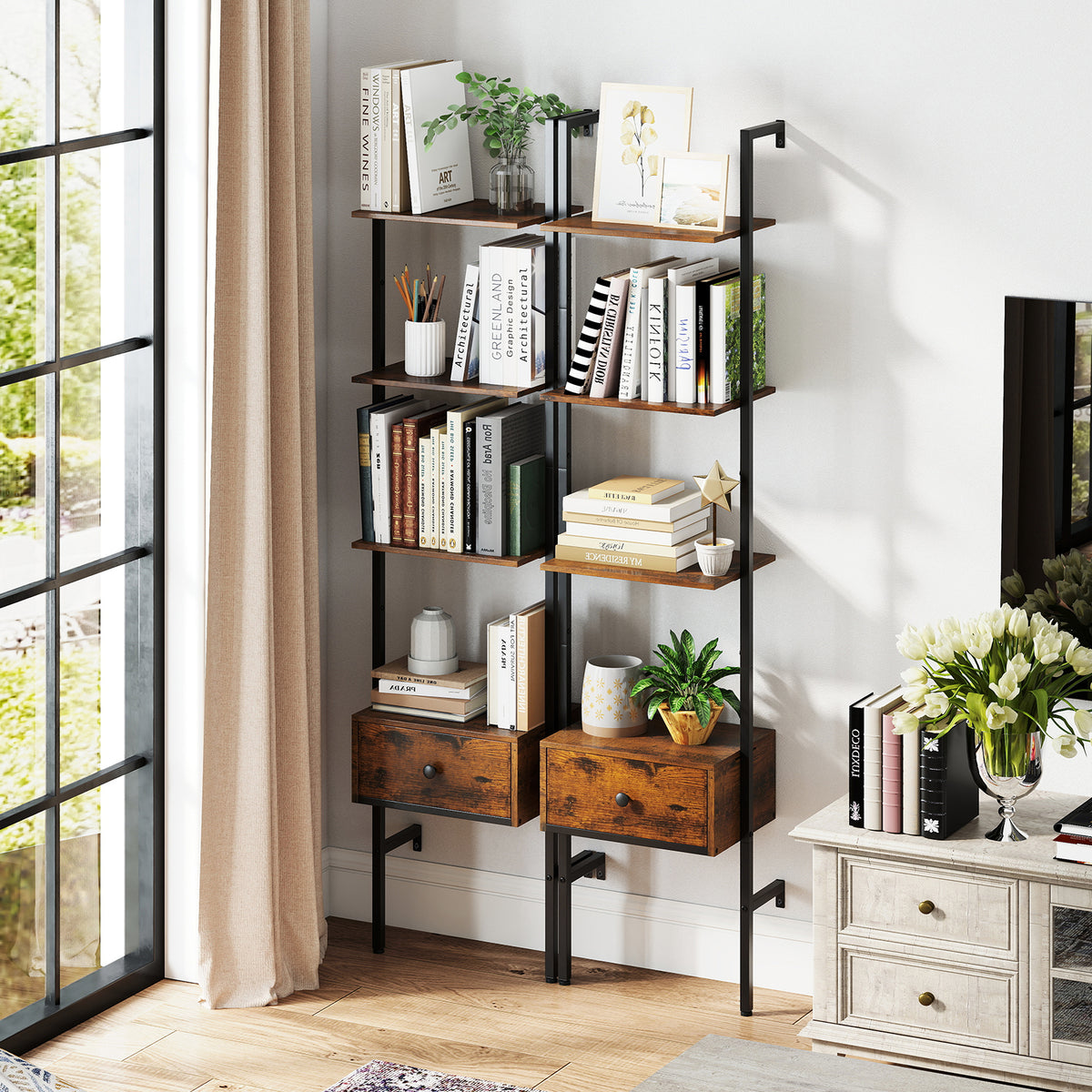 5-Tier Ladder Bookcase with Drawer & Metal Frame - Rustic Brown