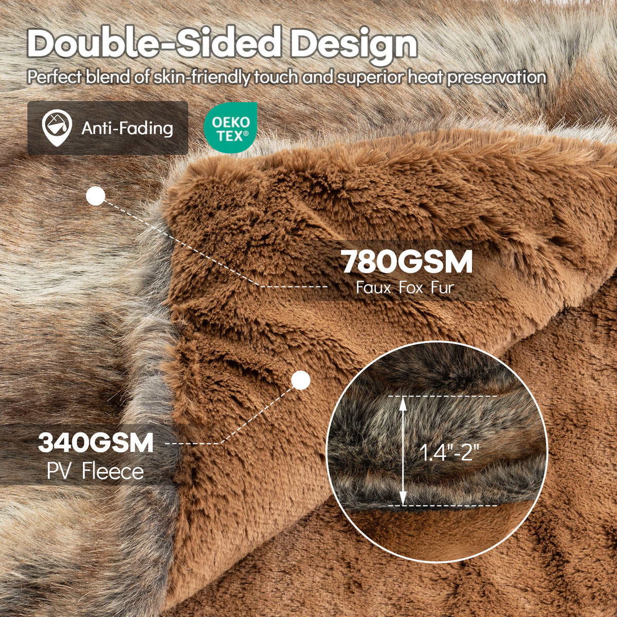 Faux Fur Throw Blanket for Sofa - 780GSM, Brown