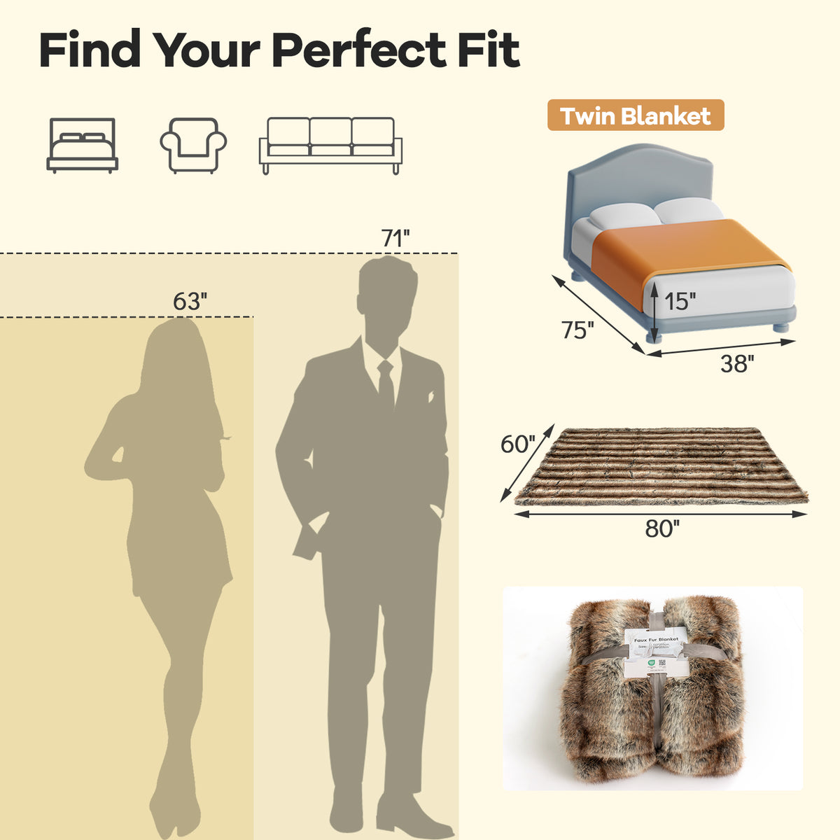 Faux Fur Throw Blanket for Sofa - 780GSM, Brown