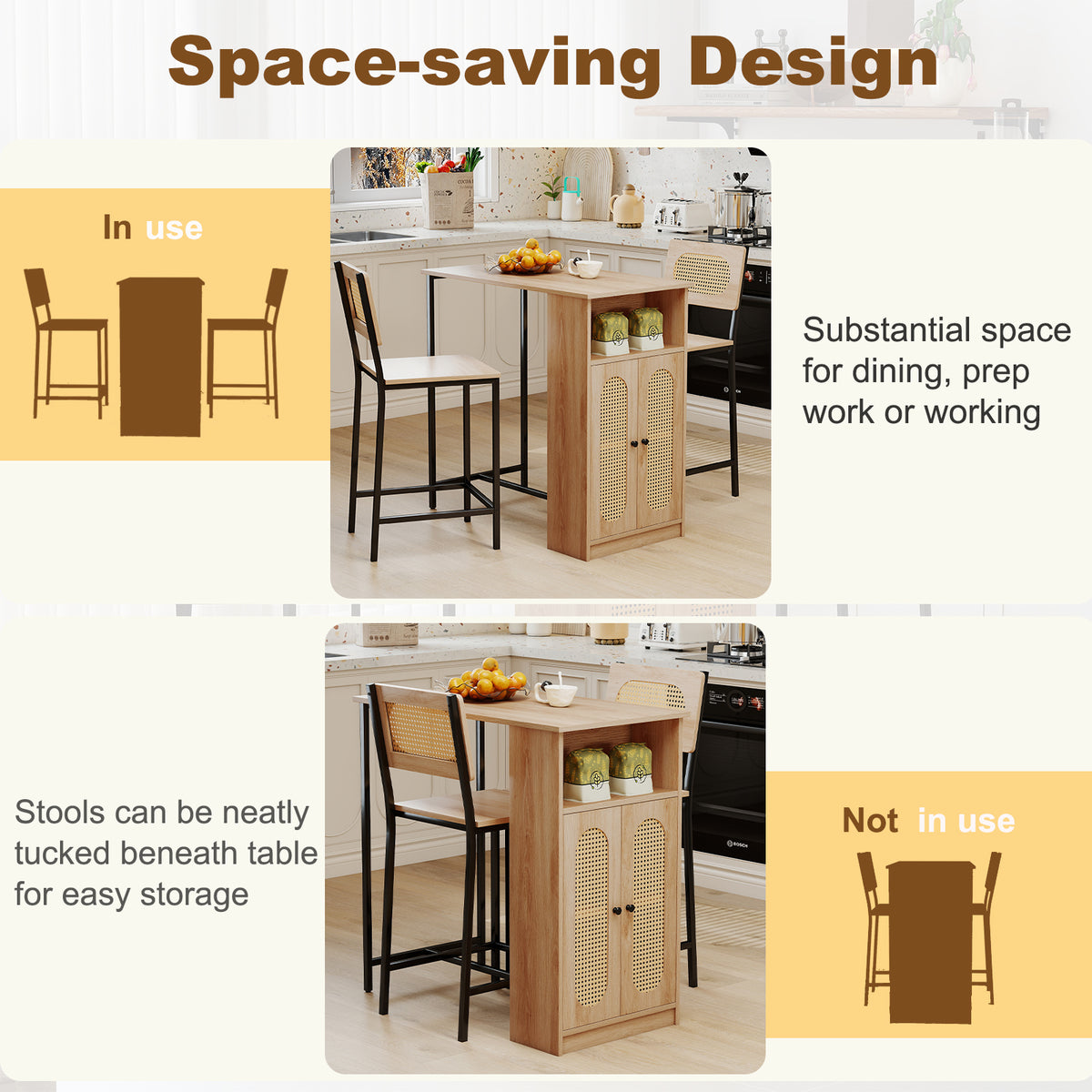 3-Piece Bar Table and Chairs Set with Storage - Natural