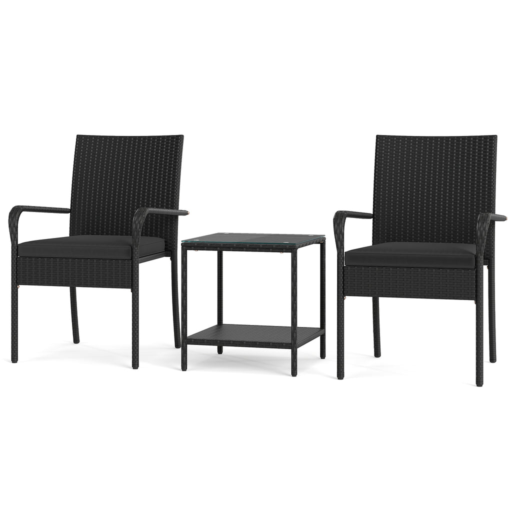 3 Piece Patio Furniture Set with Seat Cushions and Tempered Glass