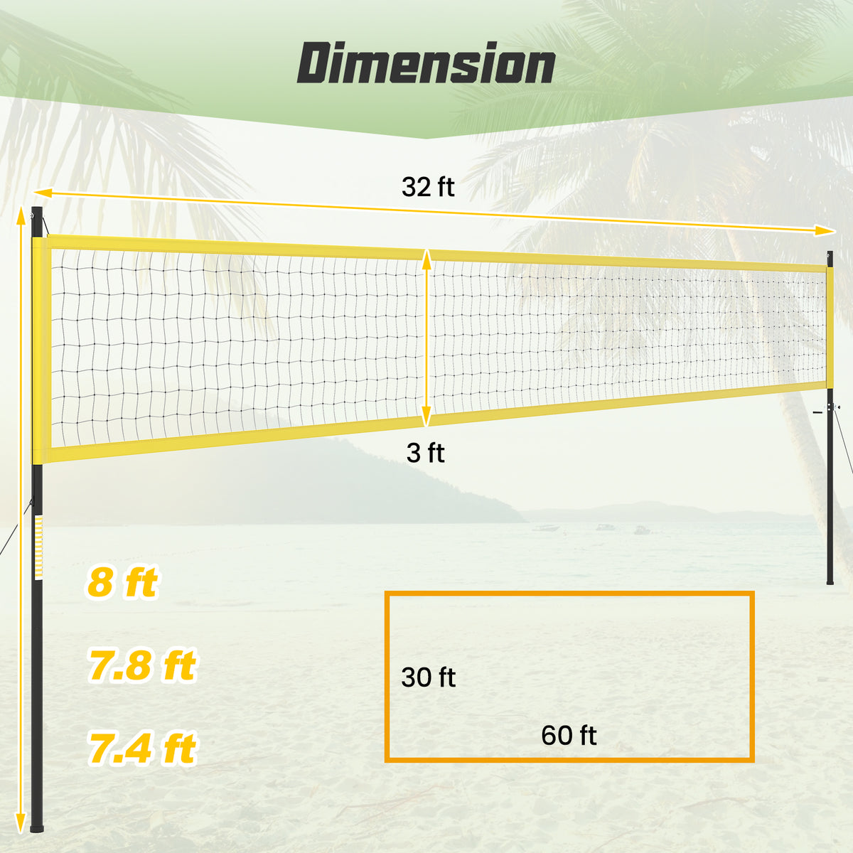 Outdoor Volleyball Net Set - Heavy Duty Adjustable Volleyball System with Carrying Bag - Yellow Variation