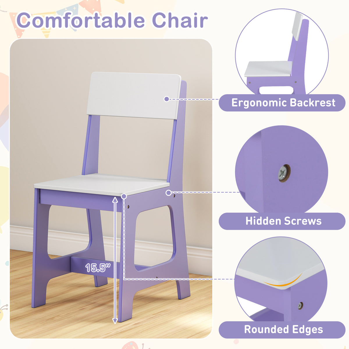 Kids Activity Study Desk and Chair Set, Purple - Childrens Learning Table with Shelves & Cork Board