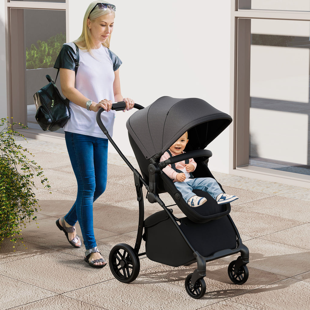 2-in-1 Baby Stroller with Bassinet Mode & Reversible Seat - Black, Easy Fold