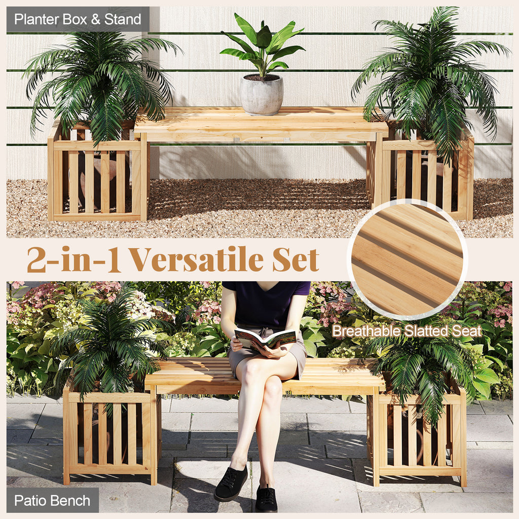 2-Person Wooden Patio Bench with Planter Boxes - Natural