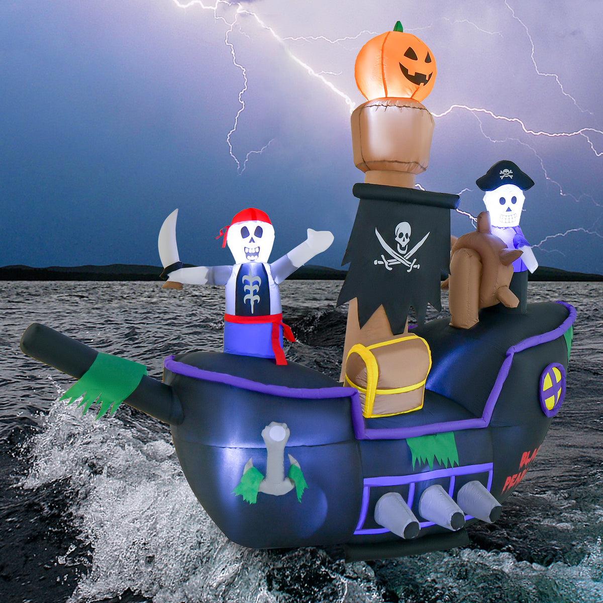 Halloween Inflatable Pirate Ship with LED Lights - 7 Feet Long, Waterproof Blower & Stakes - Costway