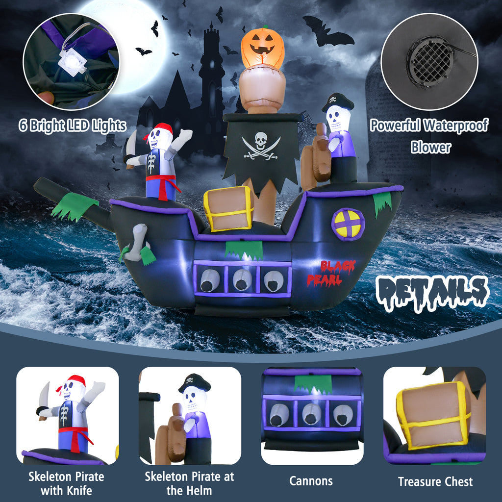 Halloween Inflatable Pirate Ship with LED Lights - 7 Feet Long, Waterproof Blower & Stakes - Costway