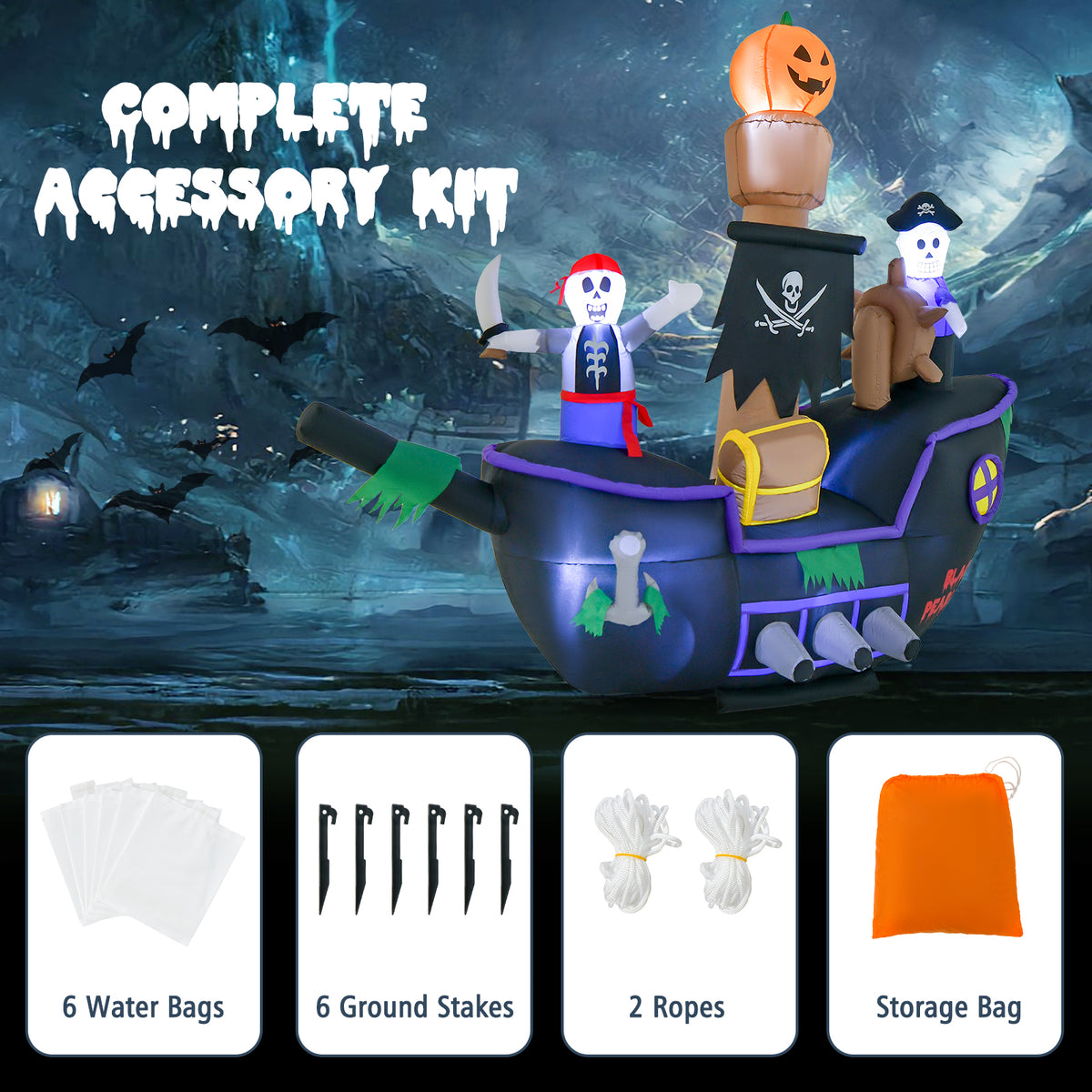 Halloween Inflatable Pirate Ship with LED Lights - 7 Feet Long, Waterproof Blower & Stakes - Costway
