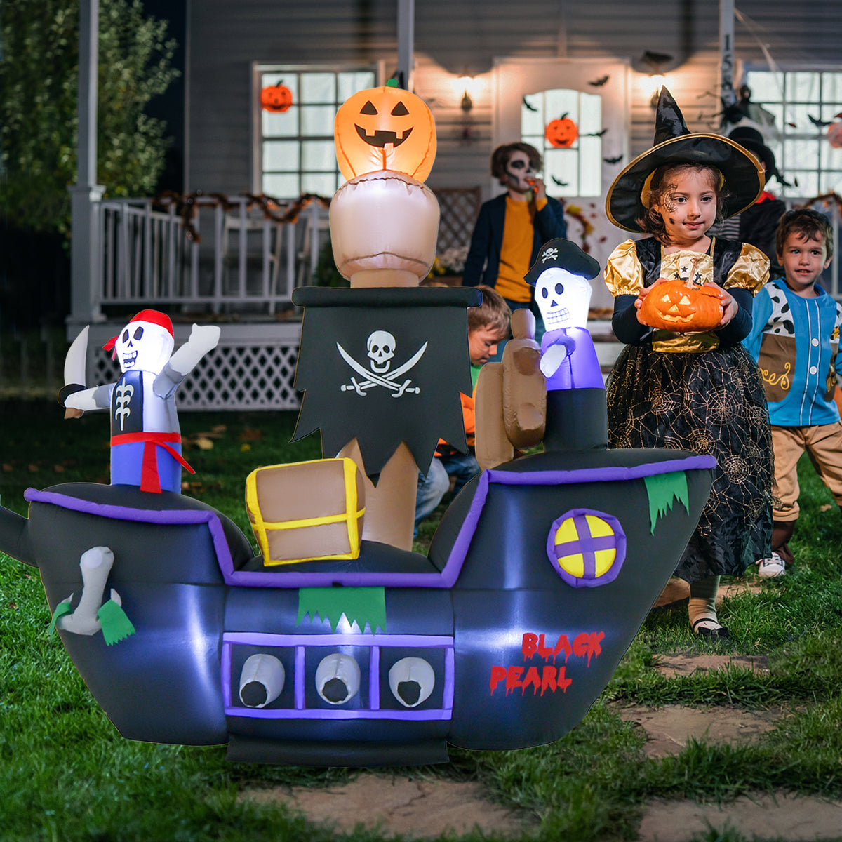 Halloween Inflatable Pirate Ship with LED Lights - 7 Feet Long, Waterproof Blower & Stakes - Costway