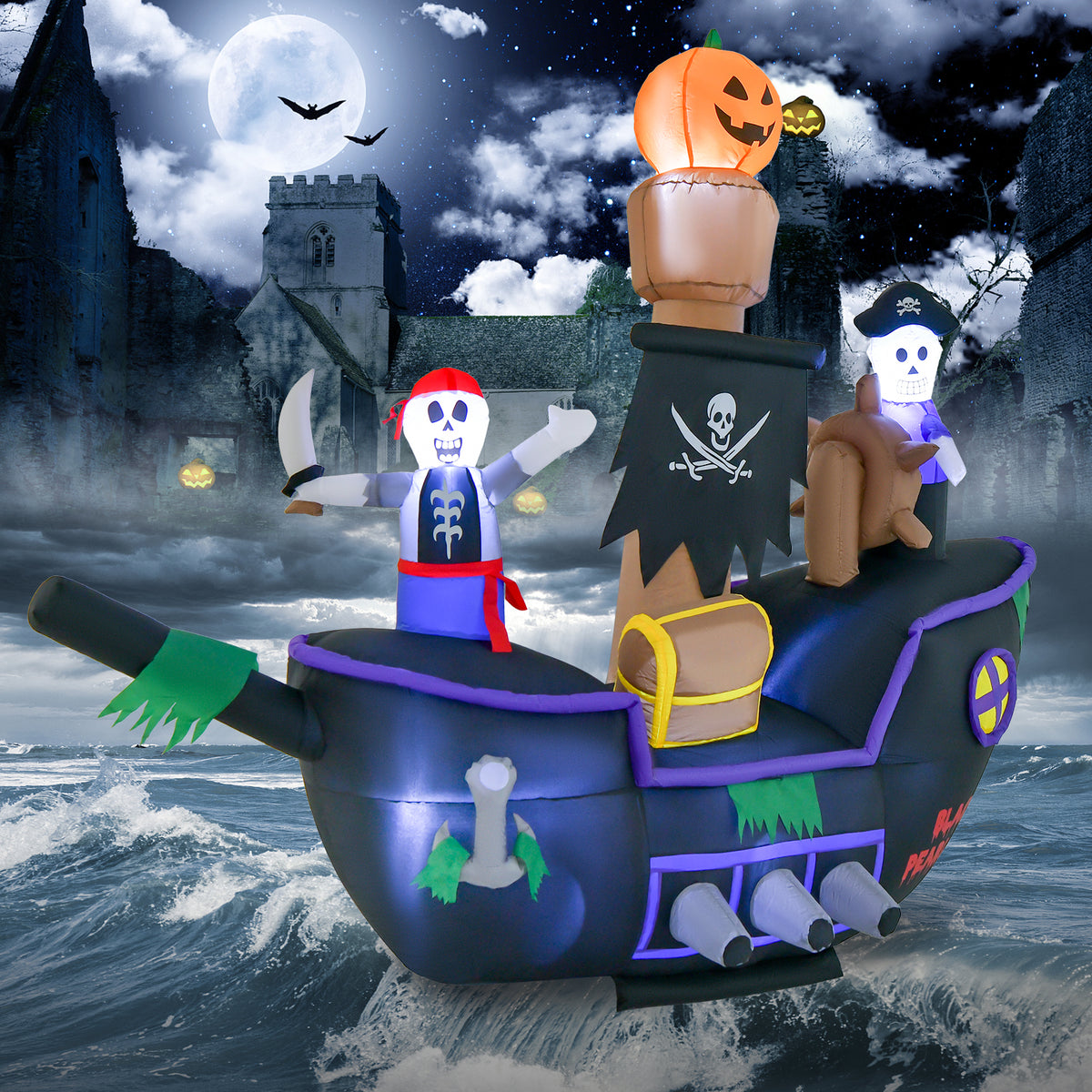 Halloween Inflatable Pirate Ship with LED Lights - 7 Feet Long, Waterproof Blower & Stakes - Costway