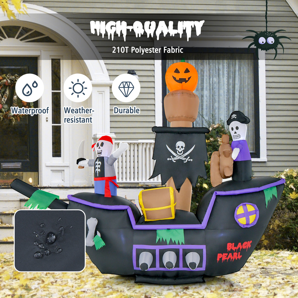 Halloween Inflatable Pirate Ship with LED Lights - 7 Feet Long, Waterproof Blower & Stakes - Costway