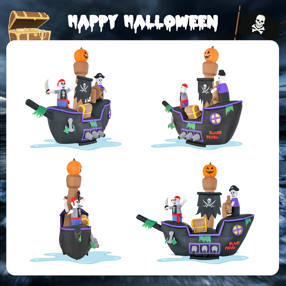 Halloween Inflatable Pirate Ship with LED Lights - 7 Feet Long, Waterproof Blower & Stakes - Costway