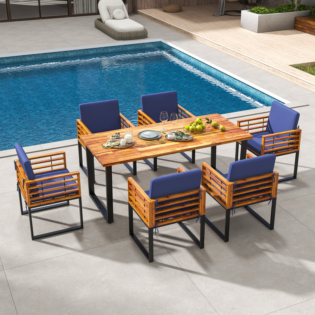 7 Pieces Patio Acacia Wood Dining Chair and Table Set for Backyard