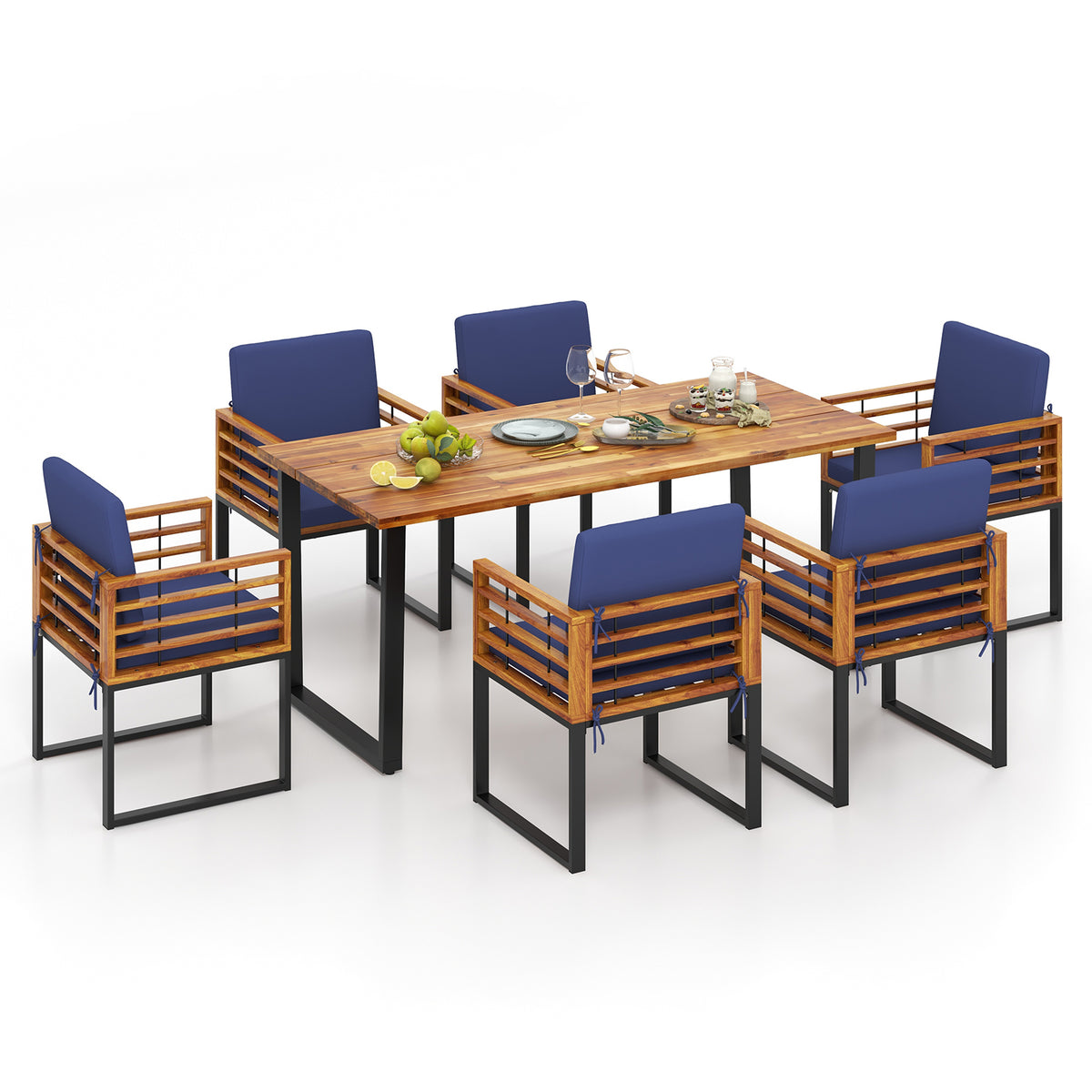 7 Pieces Patio Acacia Wood Dining Chair and Table Set for Backyard