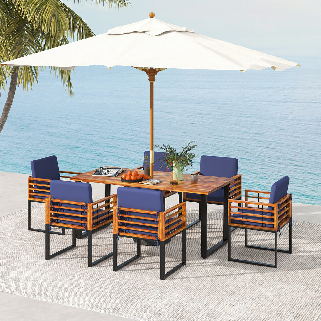 7 Pieces Patio Acacia Wood Dining Chair and Table Set for Backyard