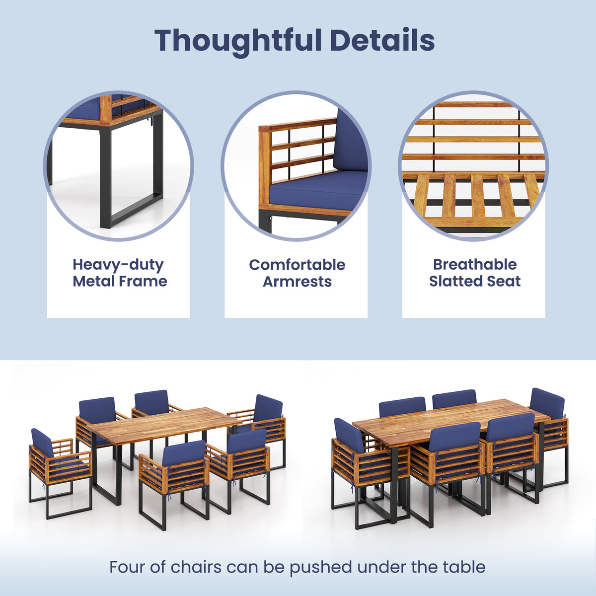 7 Pieces Patio Acacia Wood Dining Chair and Table Set for Backyard