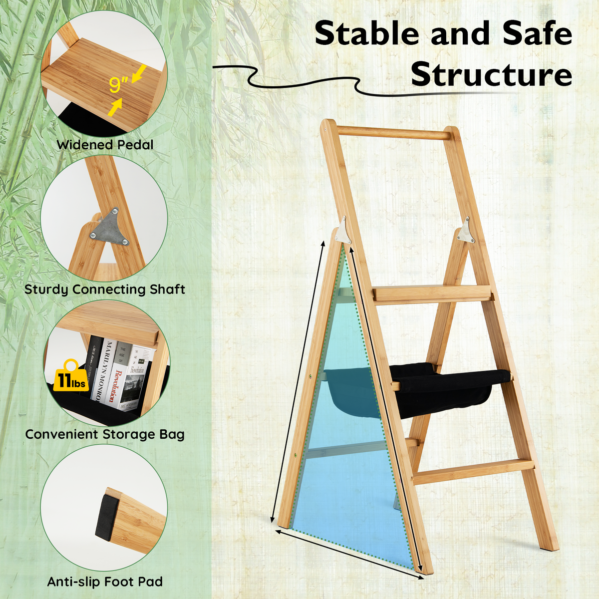 3 Step Foldable Bamboo Ladder Stool with Tool Storage Bag
