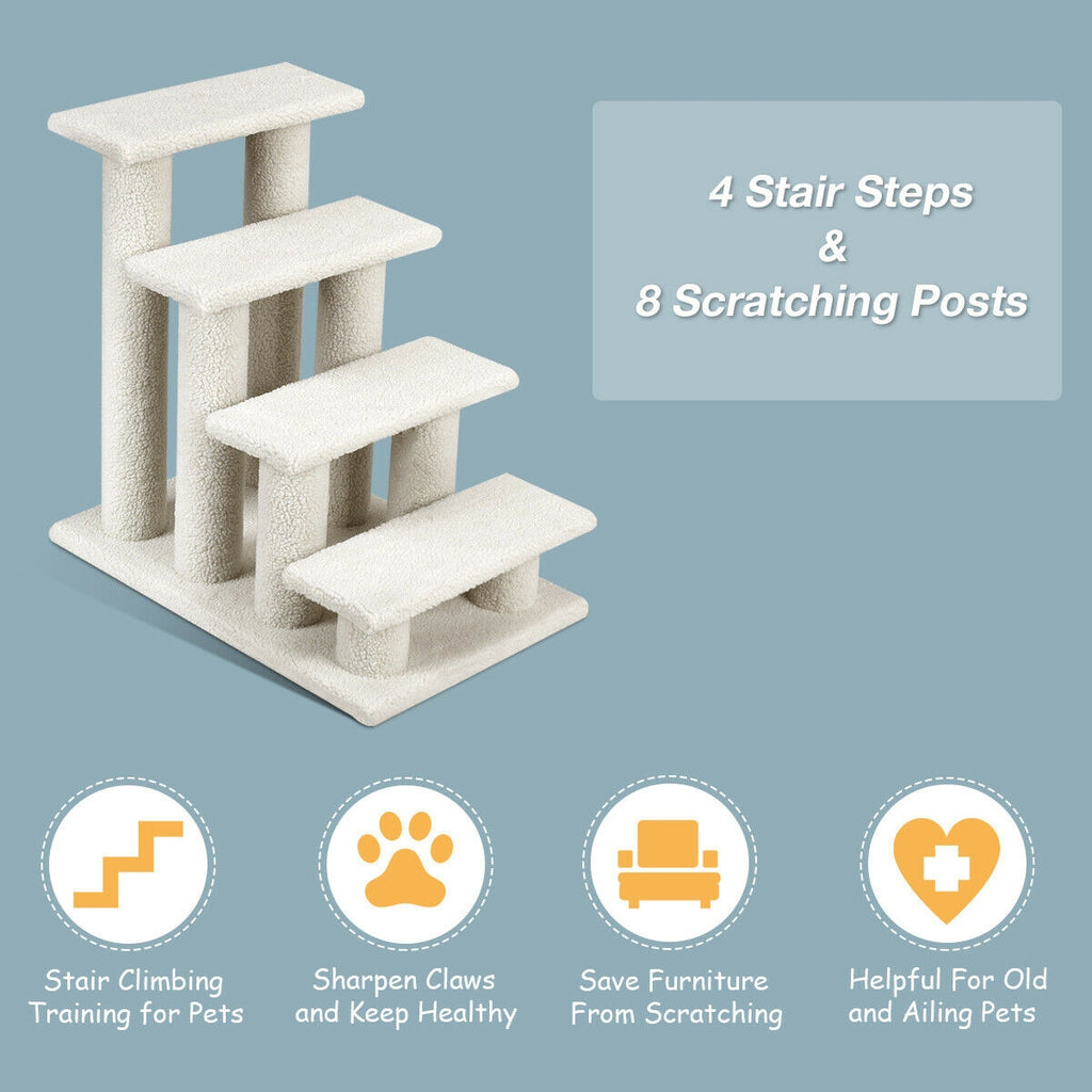 24 Inch Beige 4-Step Pet Stairs with Carpeted Climber & Scratching Posts
