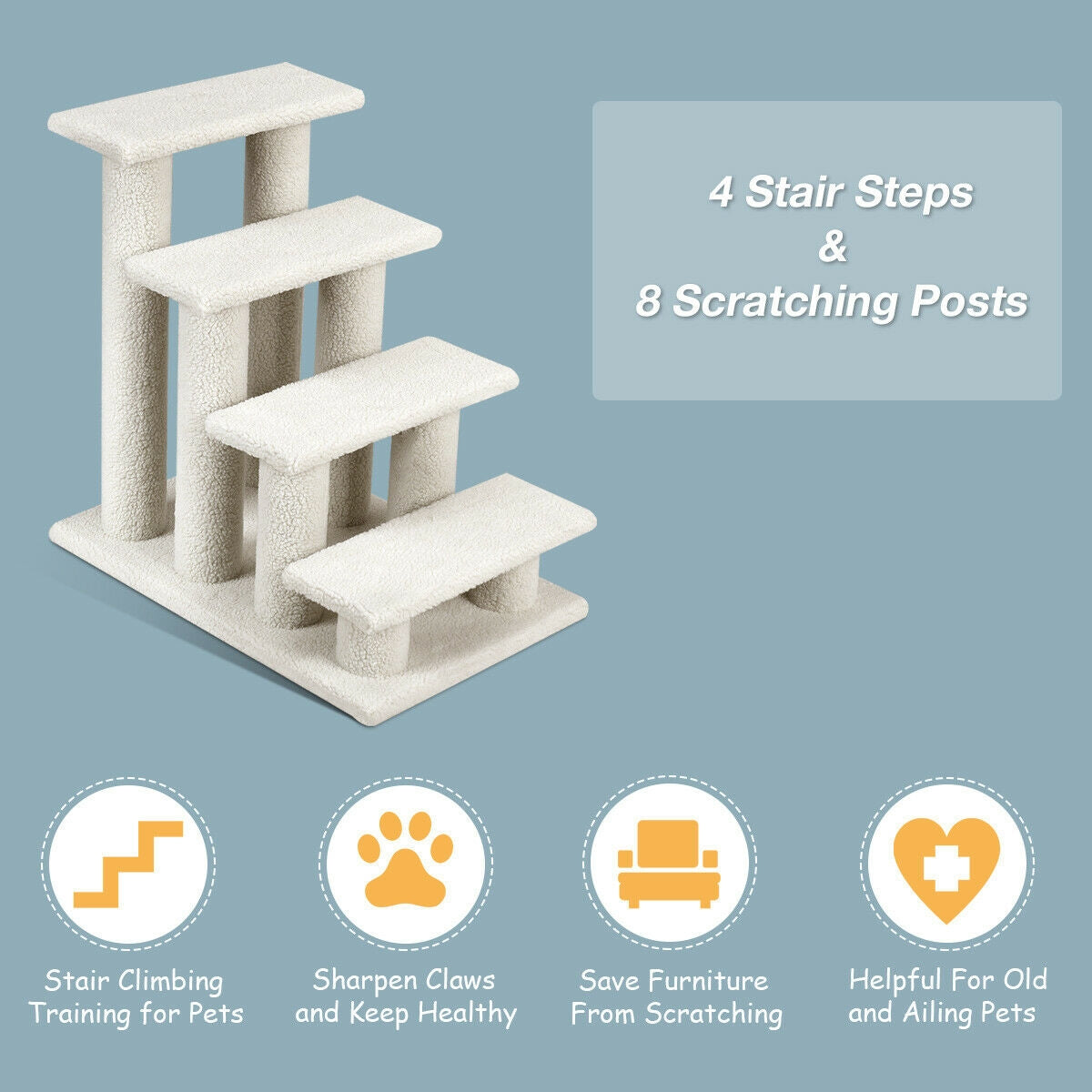 24 Inch Beige 4-Step Pet Stairs with Carpeted Climber & Scratching Posts