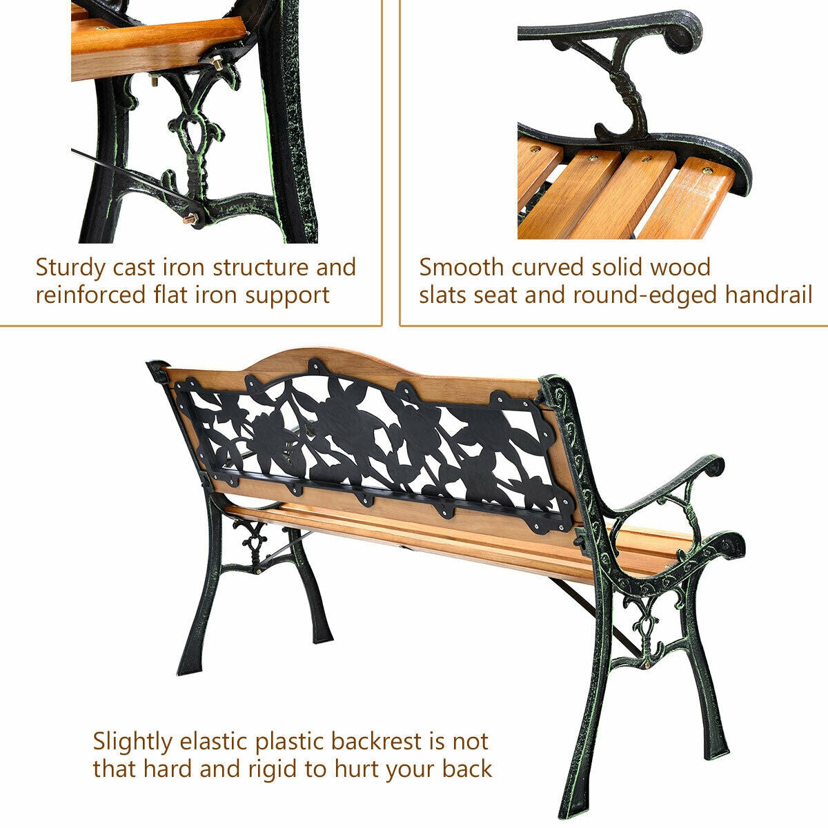 Outdoor Wooden Loveseat Bench with Iron Armrest - Porch Chair Style 3