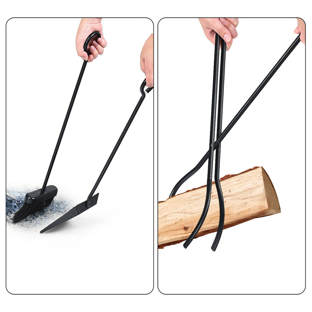 Fireplace Log Rack with 4 Tools and 2 Shelves - Black
