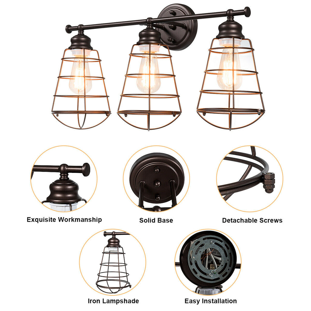 3-Light Bathroom Vanity Lamp Fixture with Metal Wire Cage - Retro Industrial Style