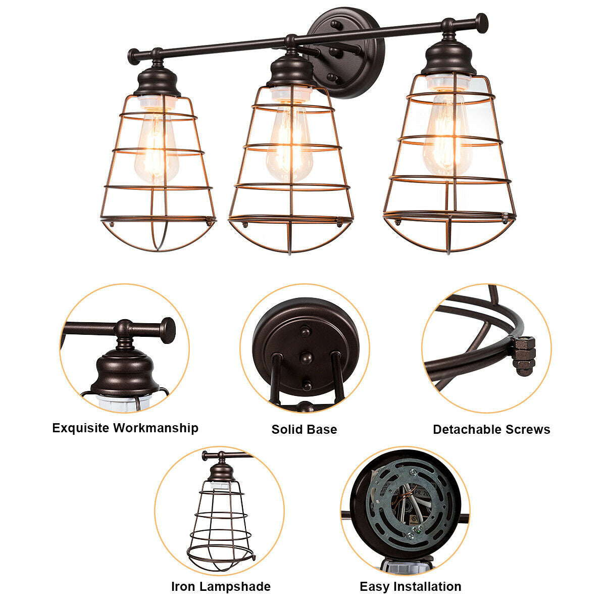 3-Light Bathroom Vanity Lamp Fixture with Metal Wire Cage - Retro Industrial Style