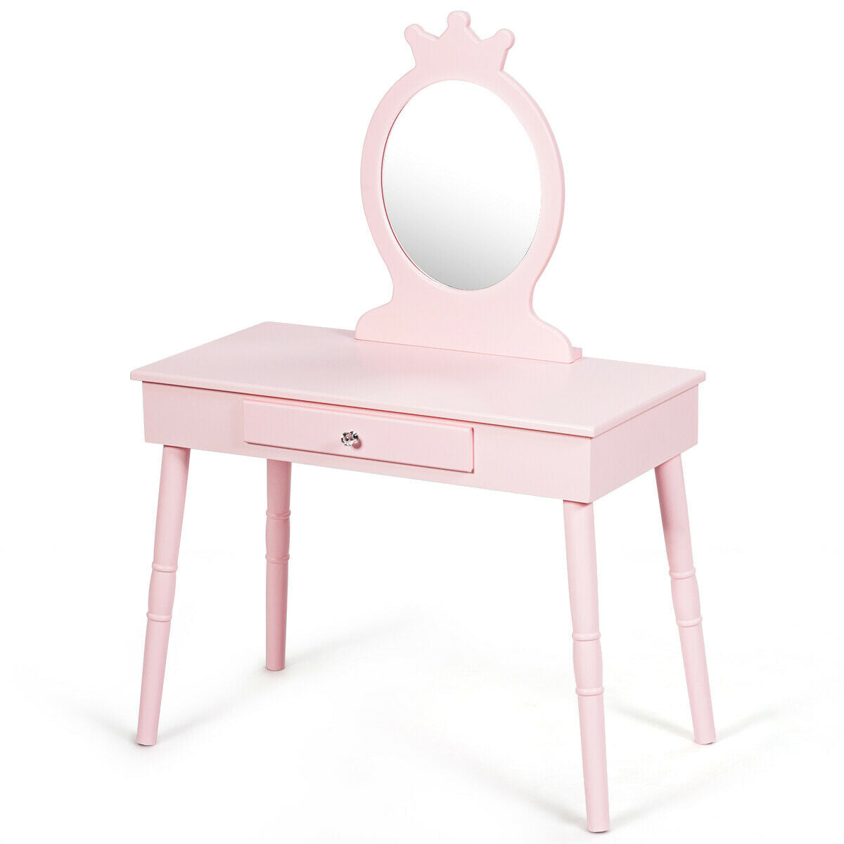 Kids Wooden Princess Makeup Table with Cushioned Stool & Round Mirror - Pink Variation
