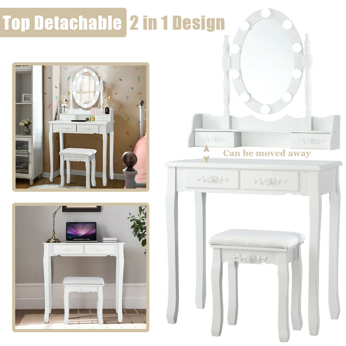 Makeup Dressing Table with Lighted Mirror and Stool - Style 1, White
