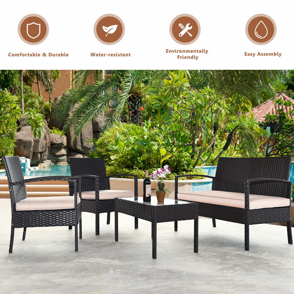 4-Piece Patio Rattan Conversation Set with Loveseat & Coffee Table