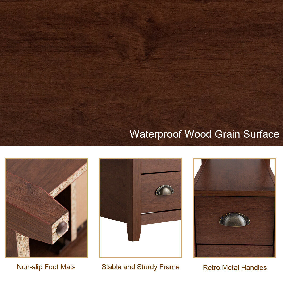 Wooden Nightstand Set of 2 with 2 Drawers, Brown