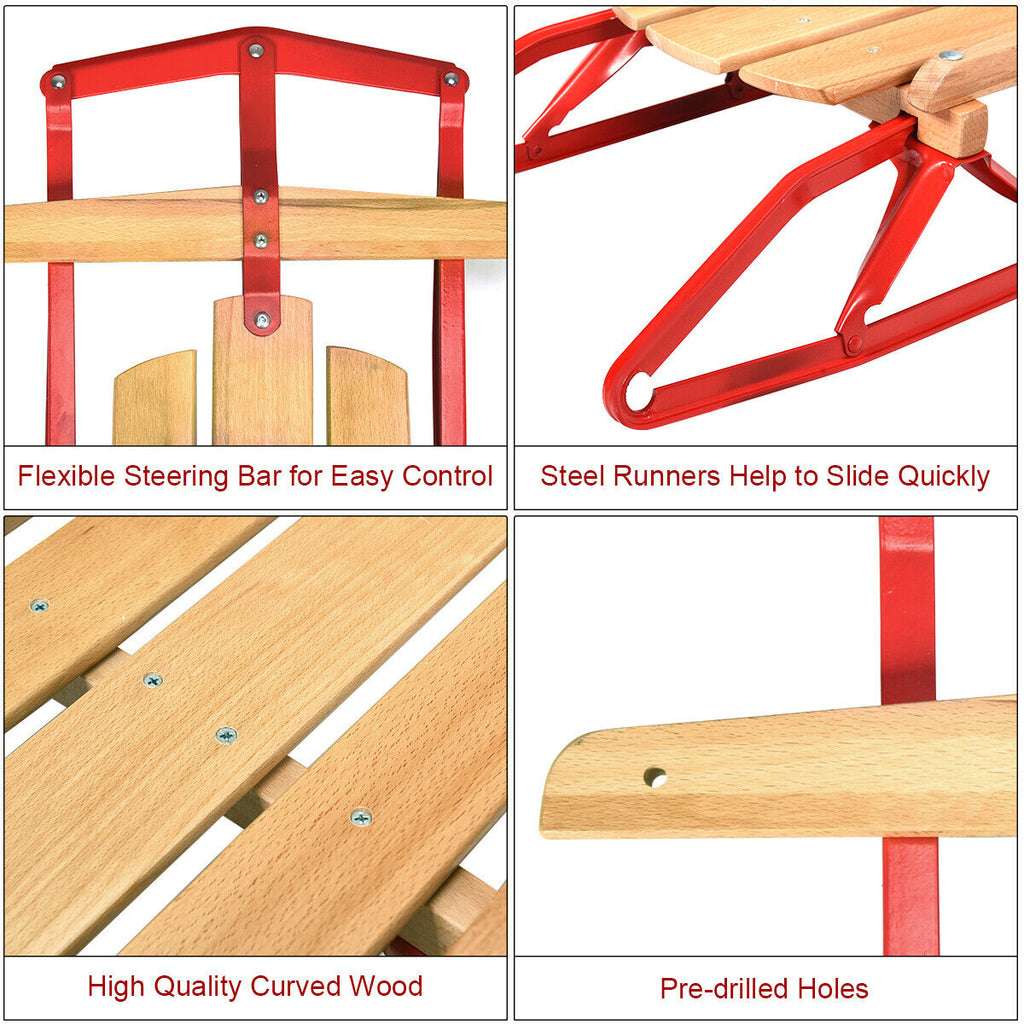 Red 54 Inch Wooden Snow Sled with Metal Runners & Steering Bar - Kids & Adults