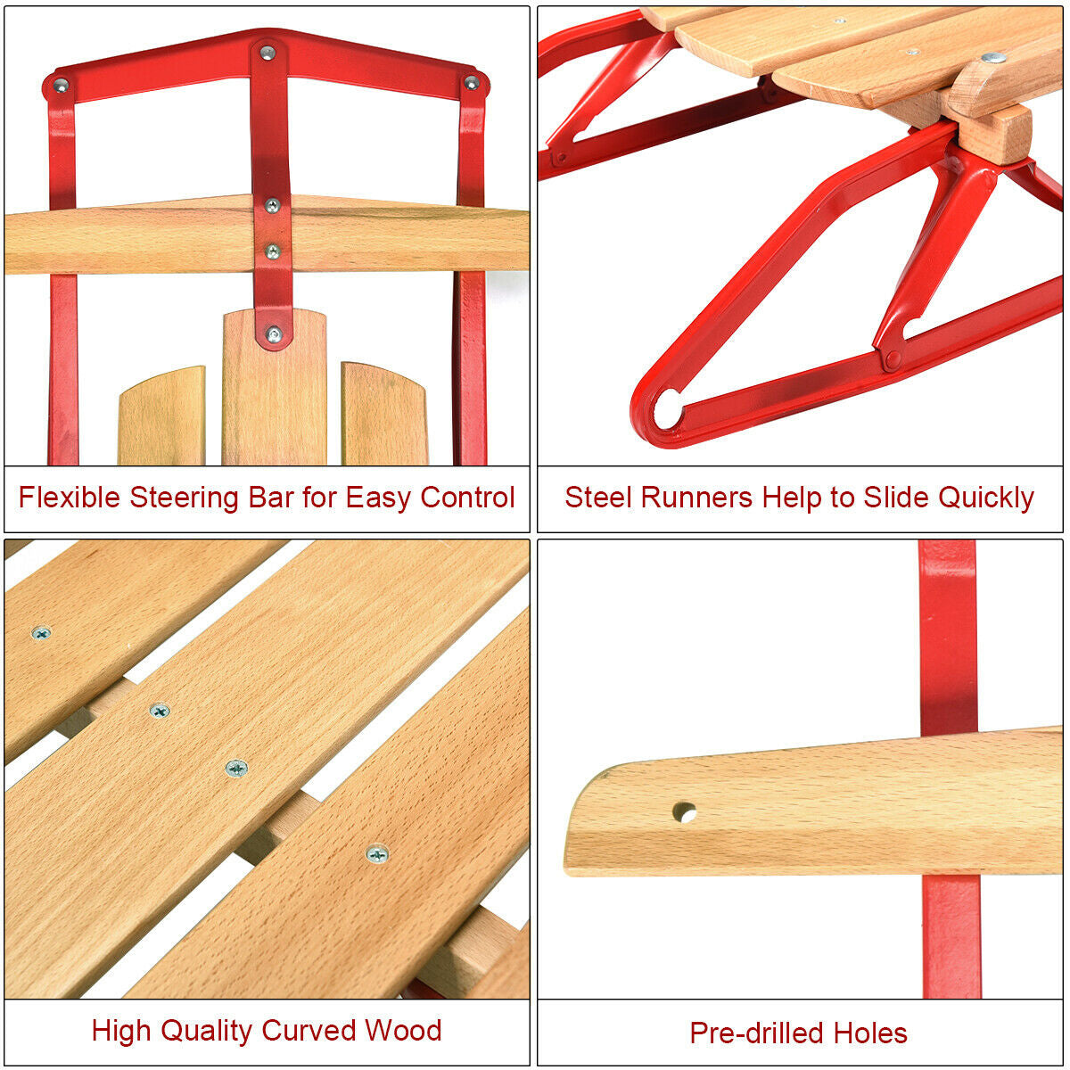Red 54 Inch Wooden Snow Sled with Metal Runners & Steering Bar - Kids & Adults