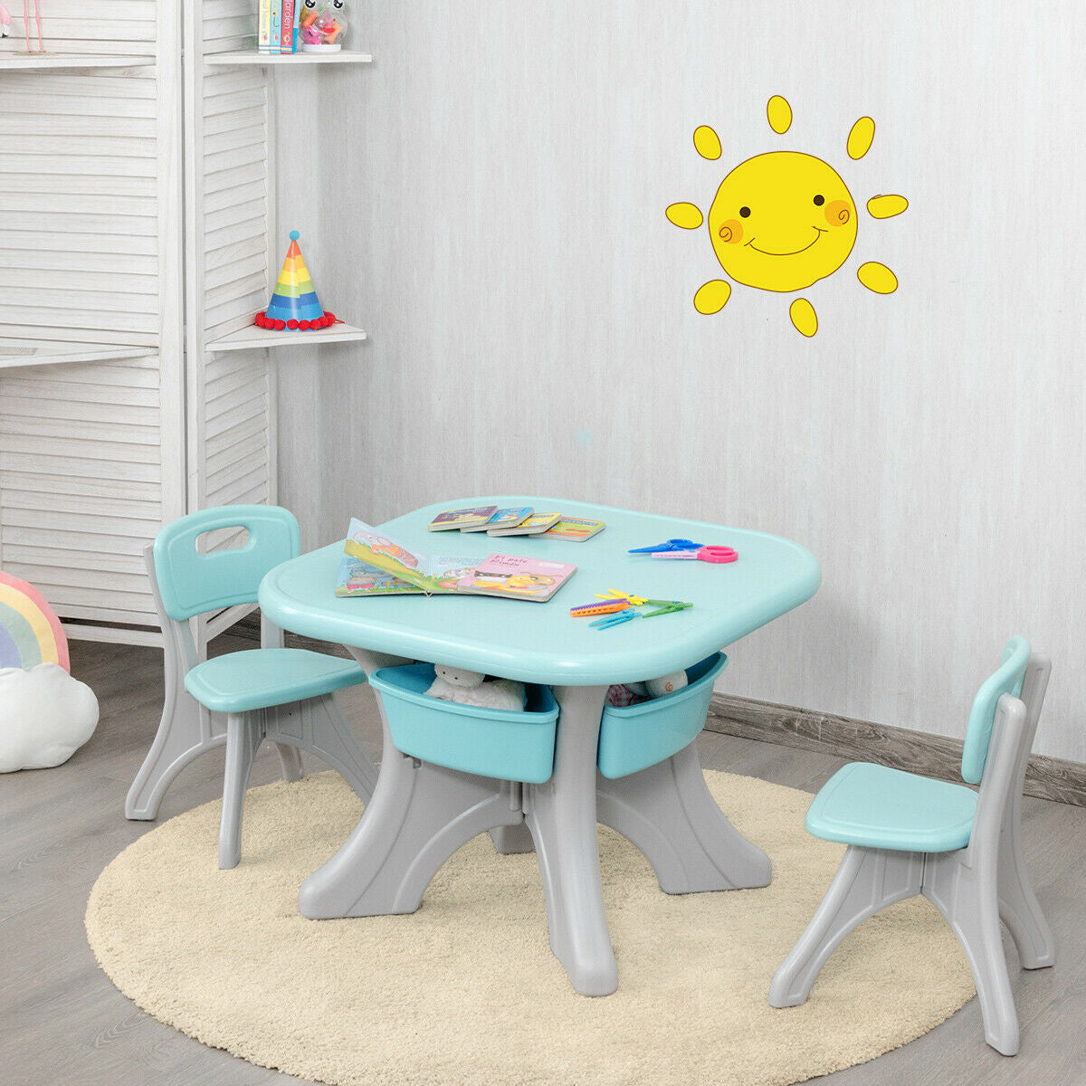 Kids Activity Table and Chair Set with Storage - Blue, Durable Plastic Play Furniture