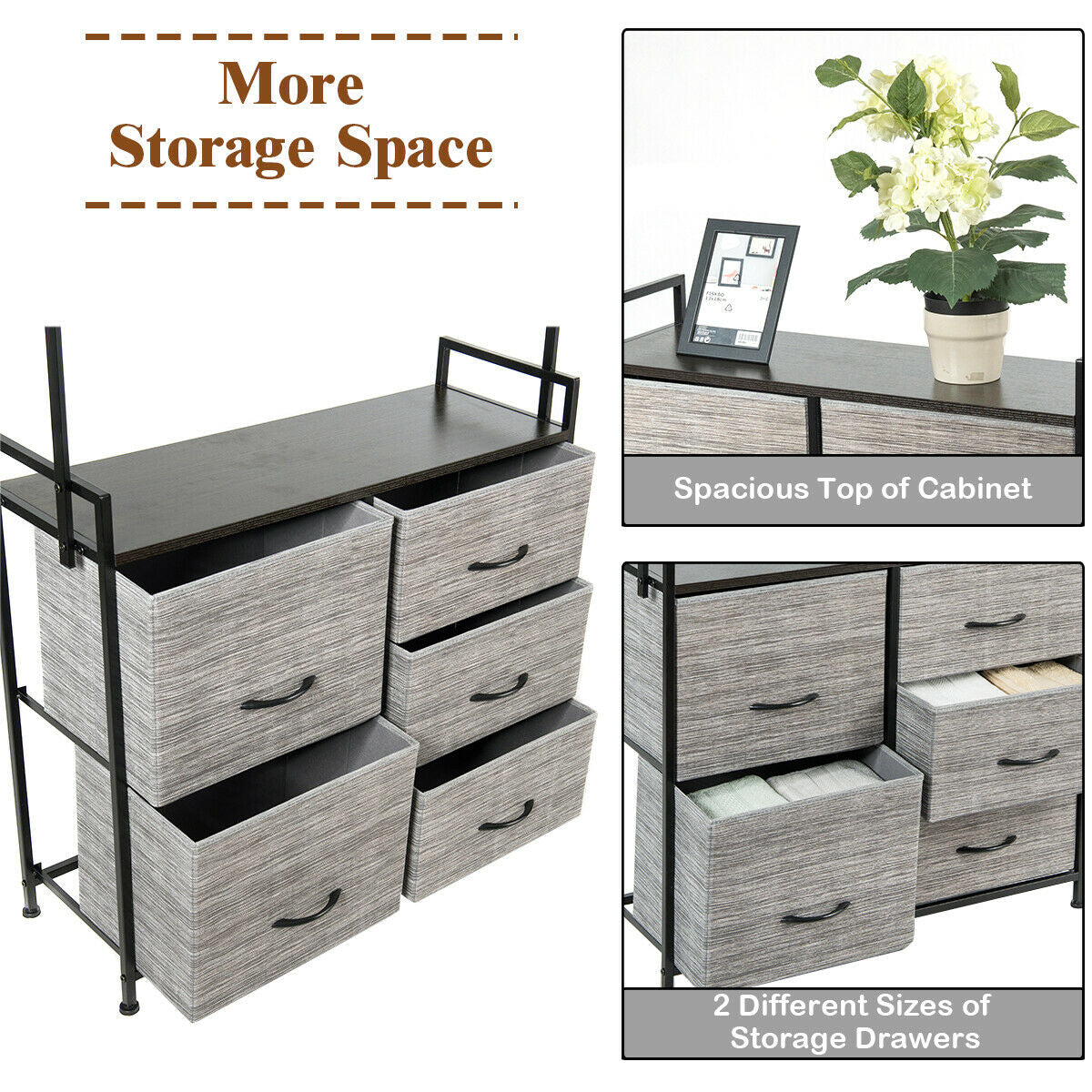 5 Fabric Drawer Dresser with Metal Frame and Wooden Top