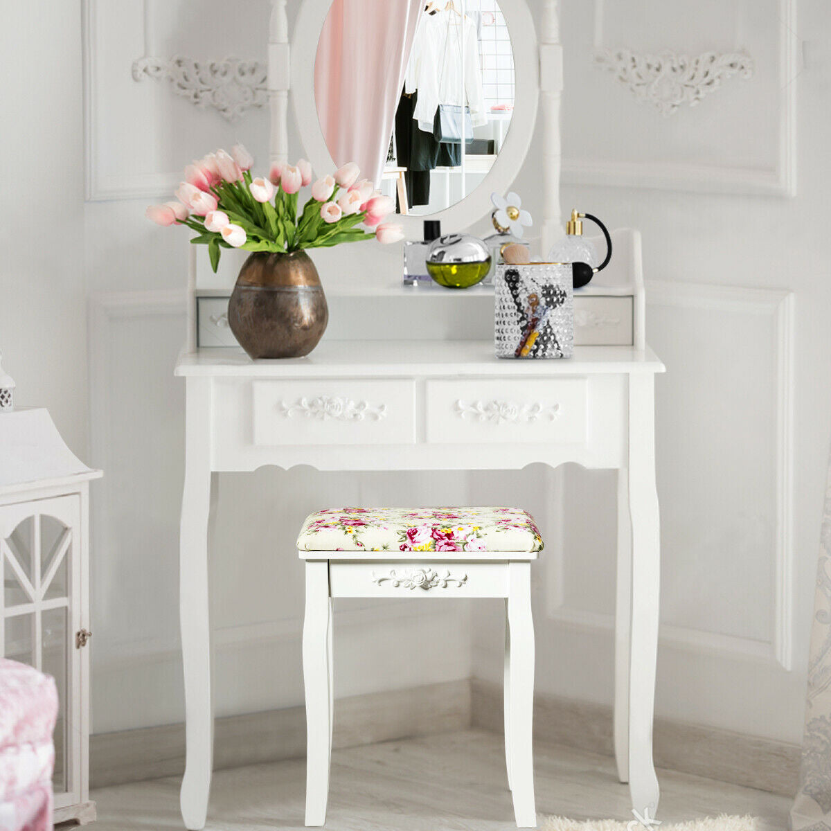 Vanity Wood Dressing Stool with Rose Cushion - White