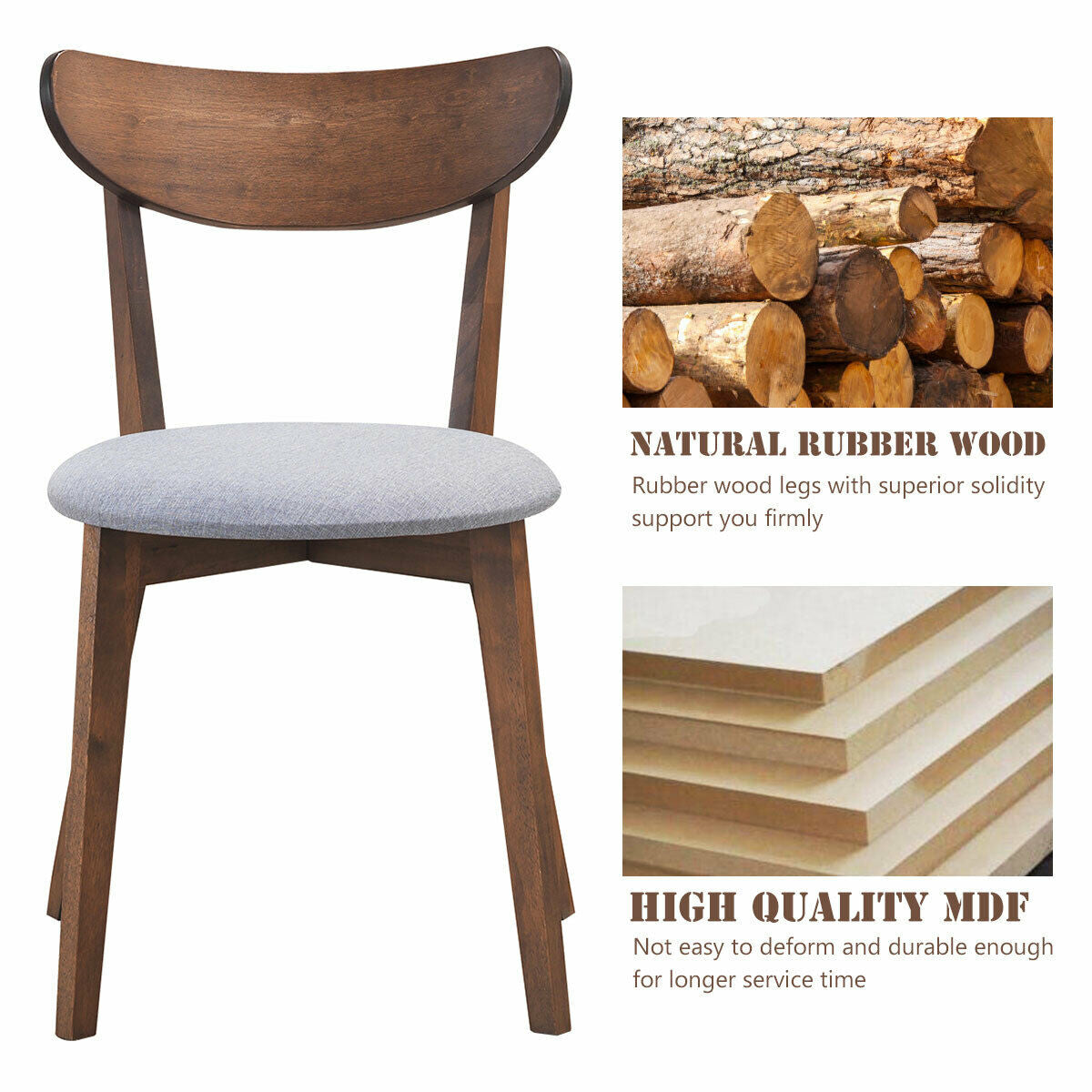 Set of 2 Upholstered Dining Chairs, Curved Back
