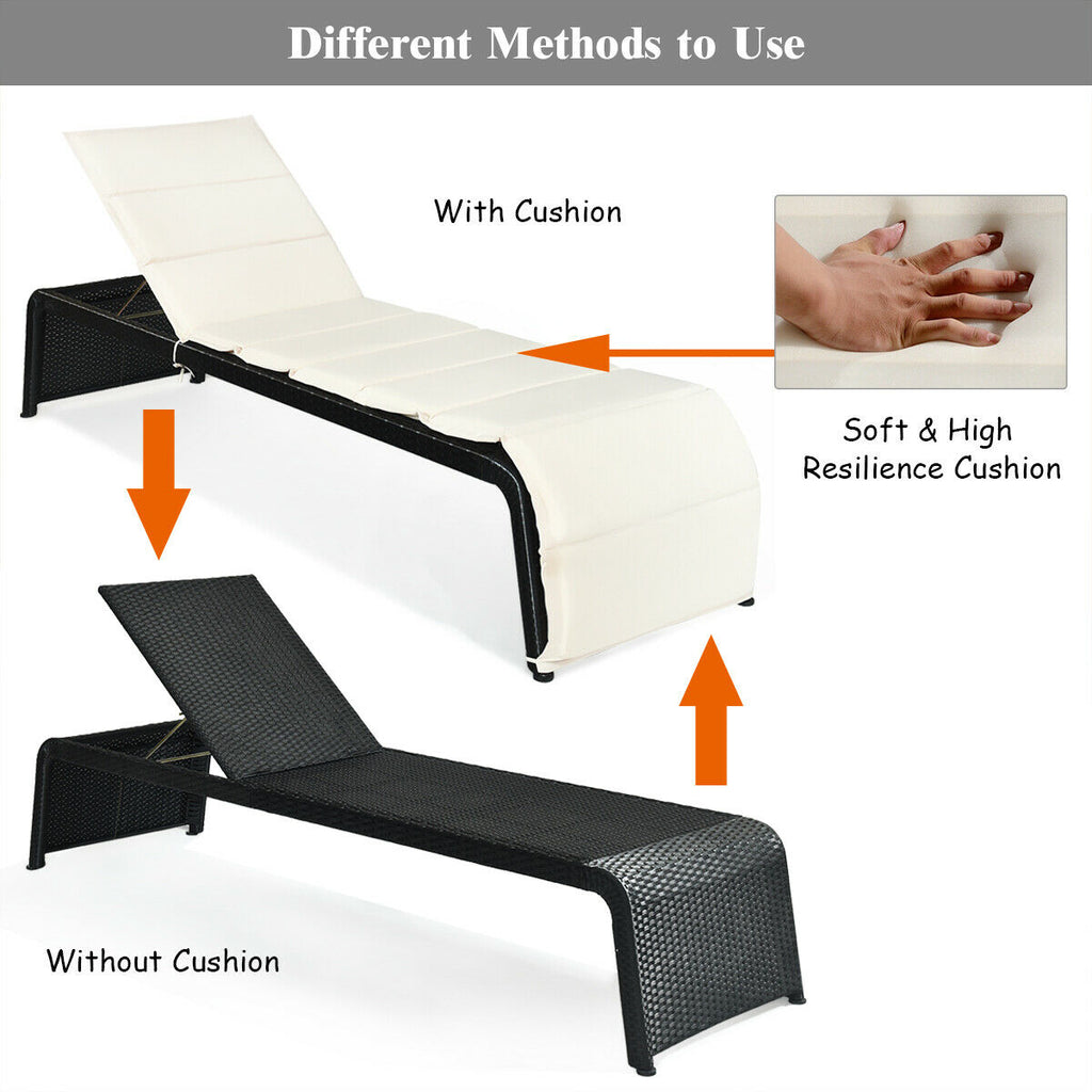 Adjustable Patio Rattan Lounge Chair with Cushion - White