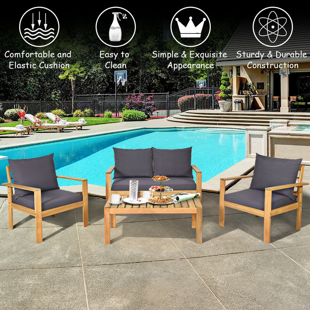 Outdoor 4 Pieces Acacia Wood Chat Set with Water Resistant Cushions