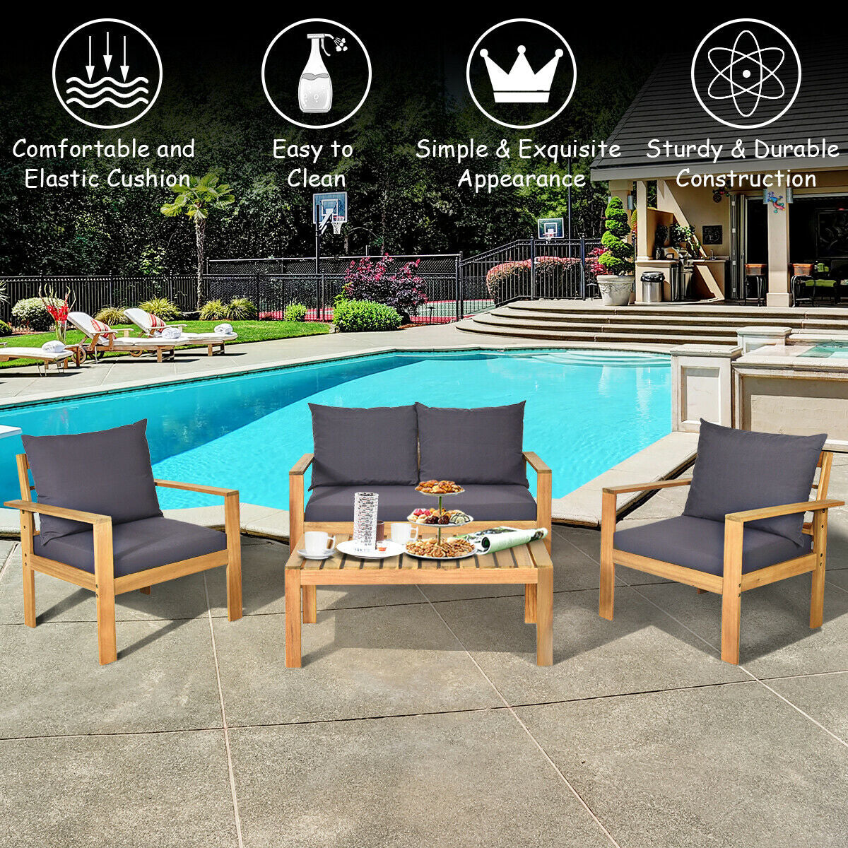Outdoor 4 Pieces Acacia Wood Chat Set with Water Resistant Cushions