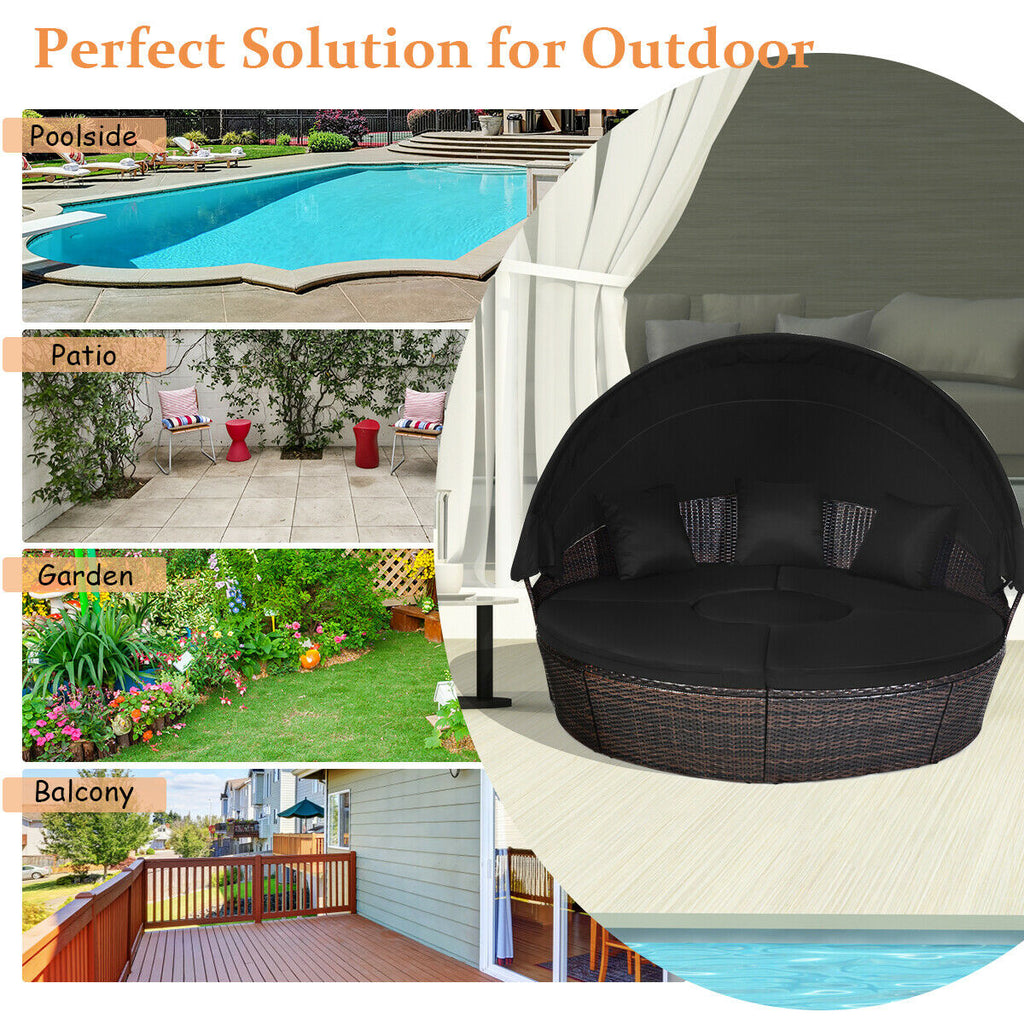 Patio Round Rattan Daybed with Retractable Canopy and Height