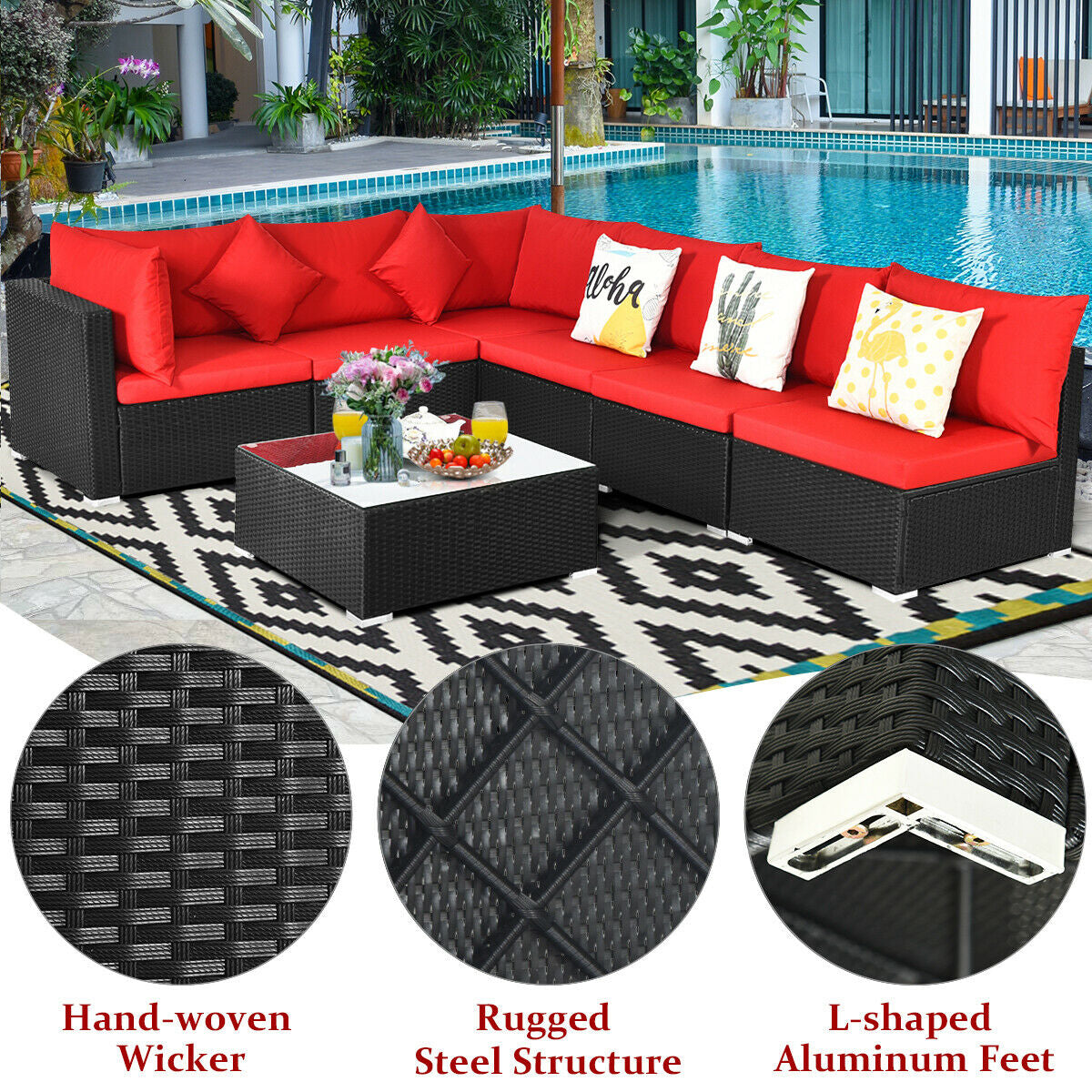 7-Piece Sectional Wicker Sofa Set with Coffee Table - Black Rattan, Red