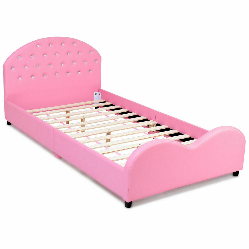 Twin Size Upholstered Toddler Bed with Wood Slat Support and Diamonds Variation