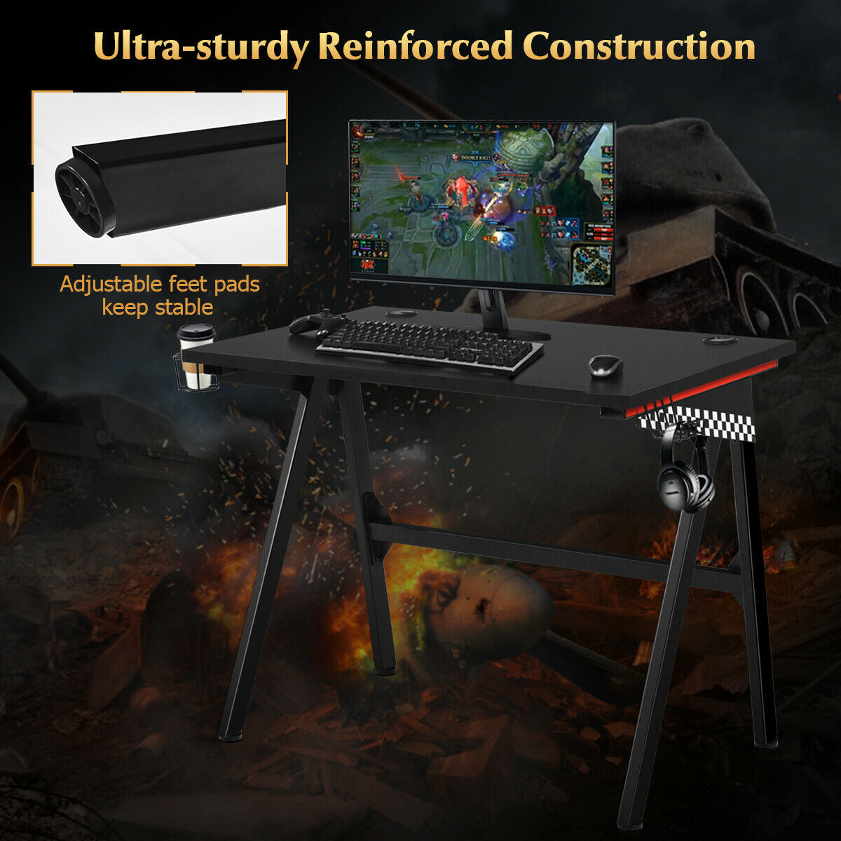Ergonomic Gaming Desk with Cup Holder and Headphone Hook