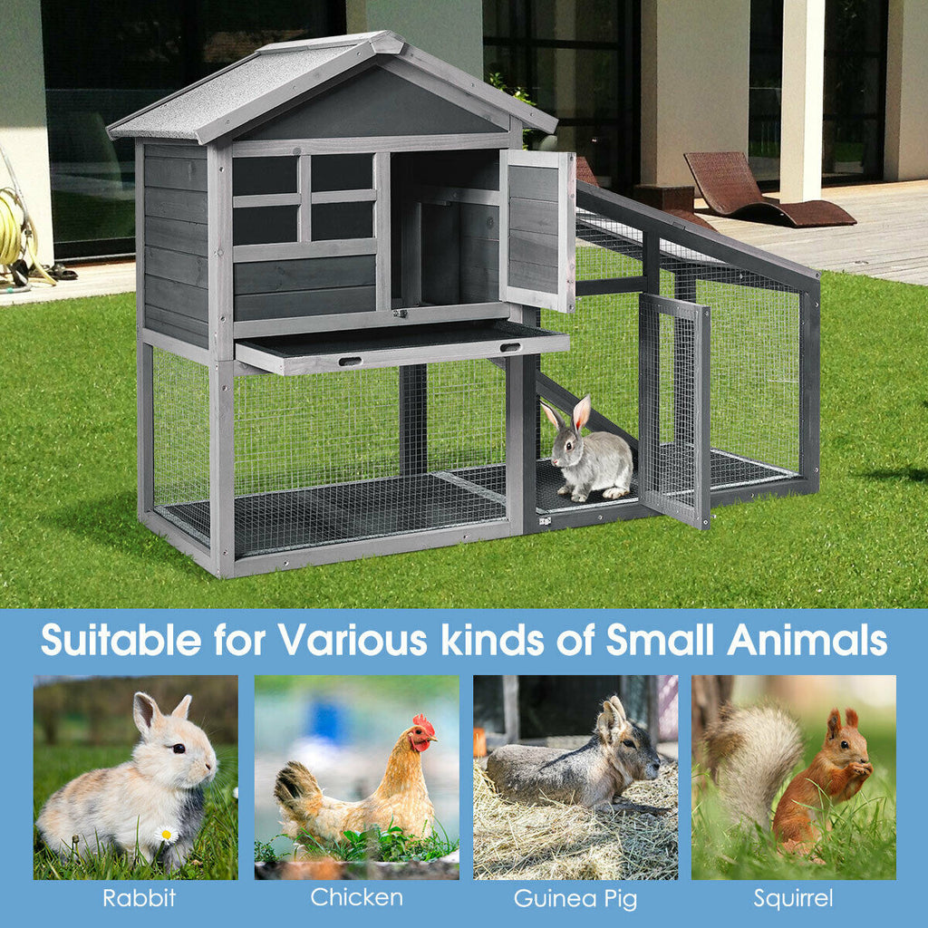 Wooden Rabbit Hutch with Pull-Out Tray and Ramp - 56.5 Inch Long Animal Cage