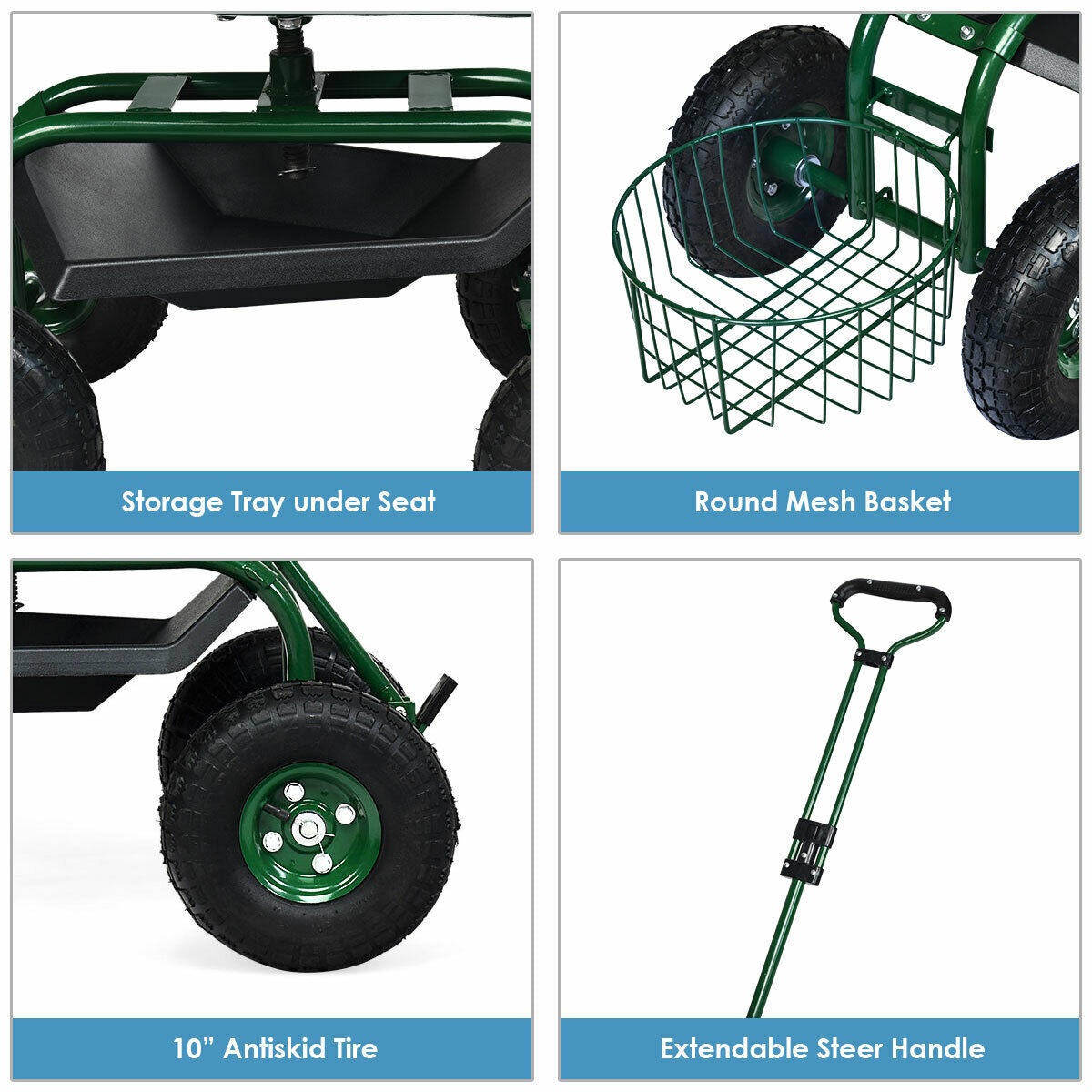 Garden Cart with 360 Swivel Seat & Tool Tray – Green