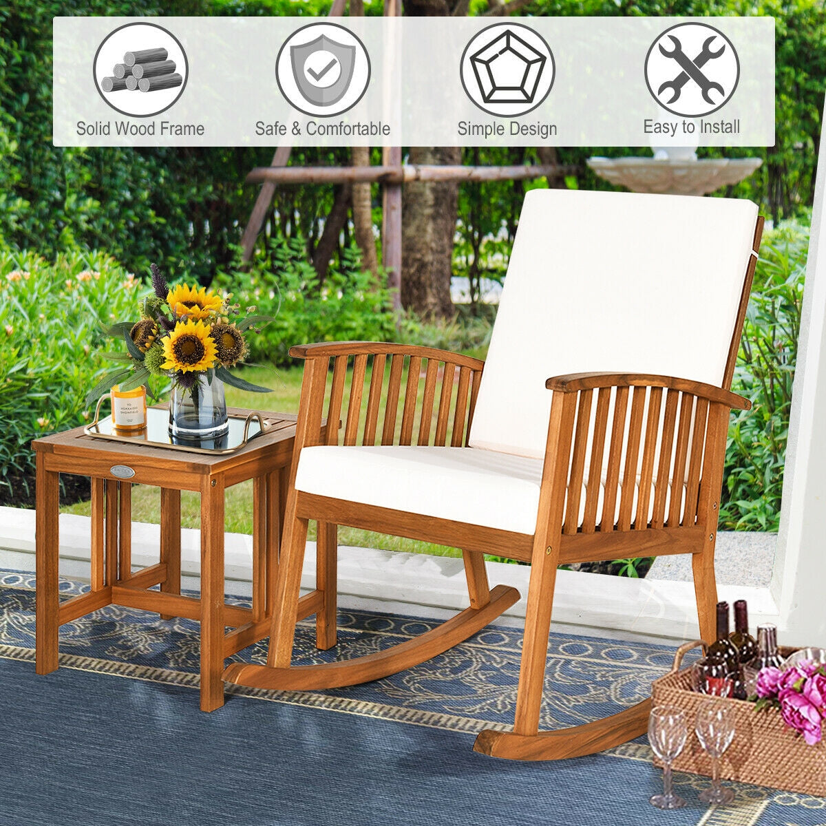 Acacia Wood Patio Rocking Chair Table Set - 2 Piece
