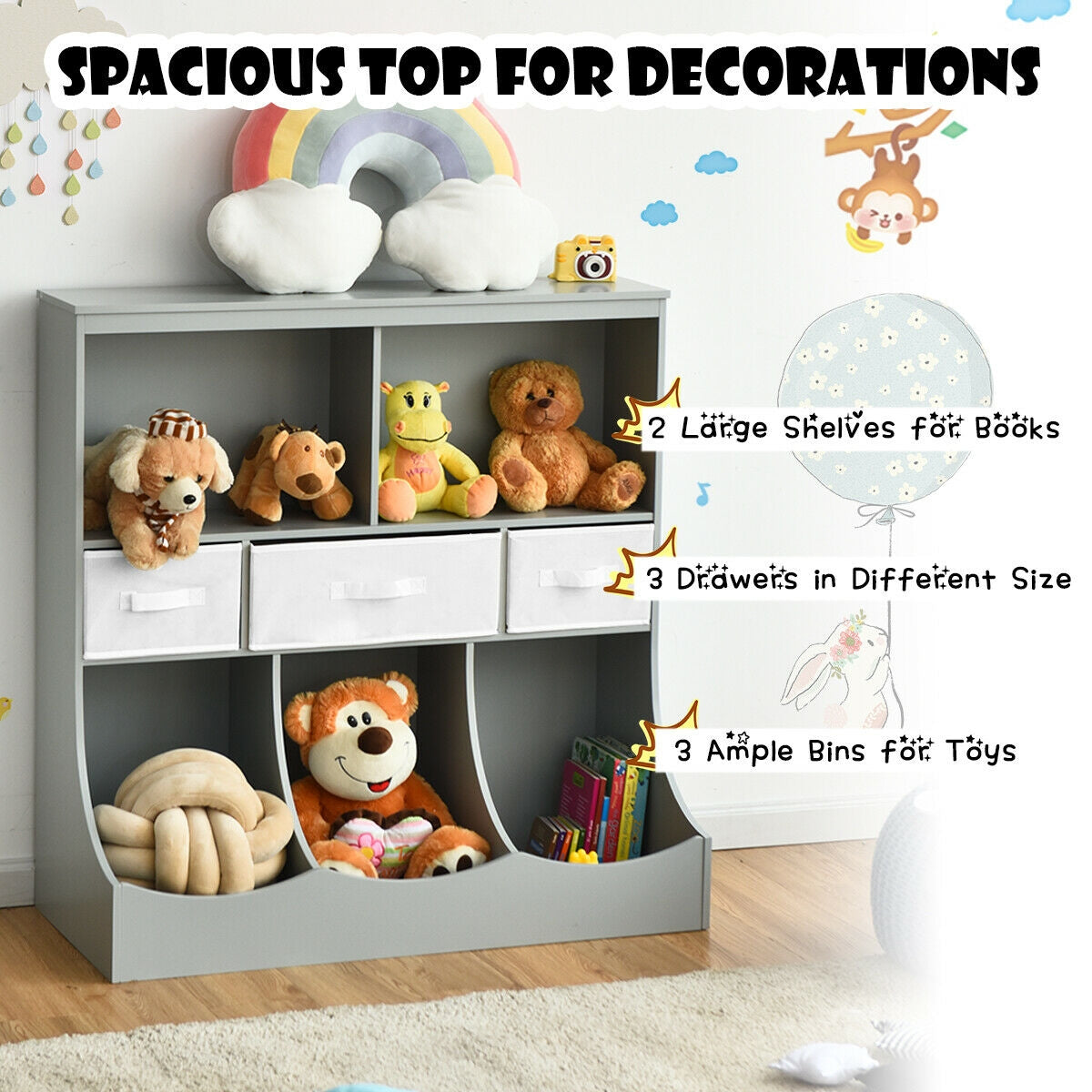 Freestanding Storage Cubby Bin Organizer Unit with 3 Baskets - Gray Variation