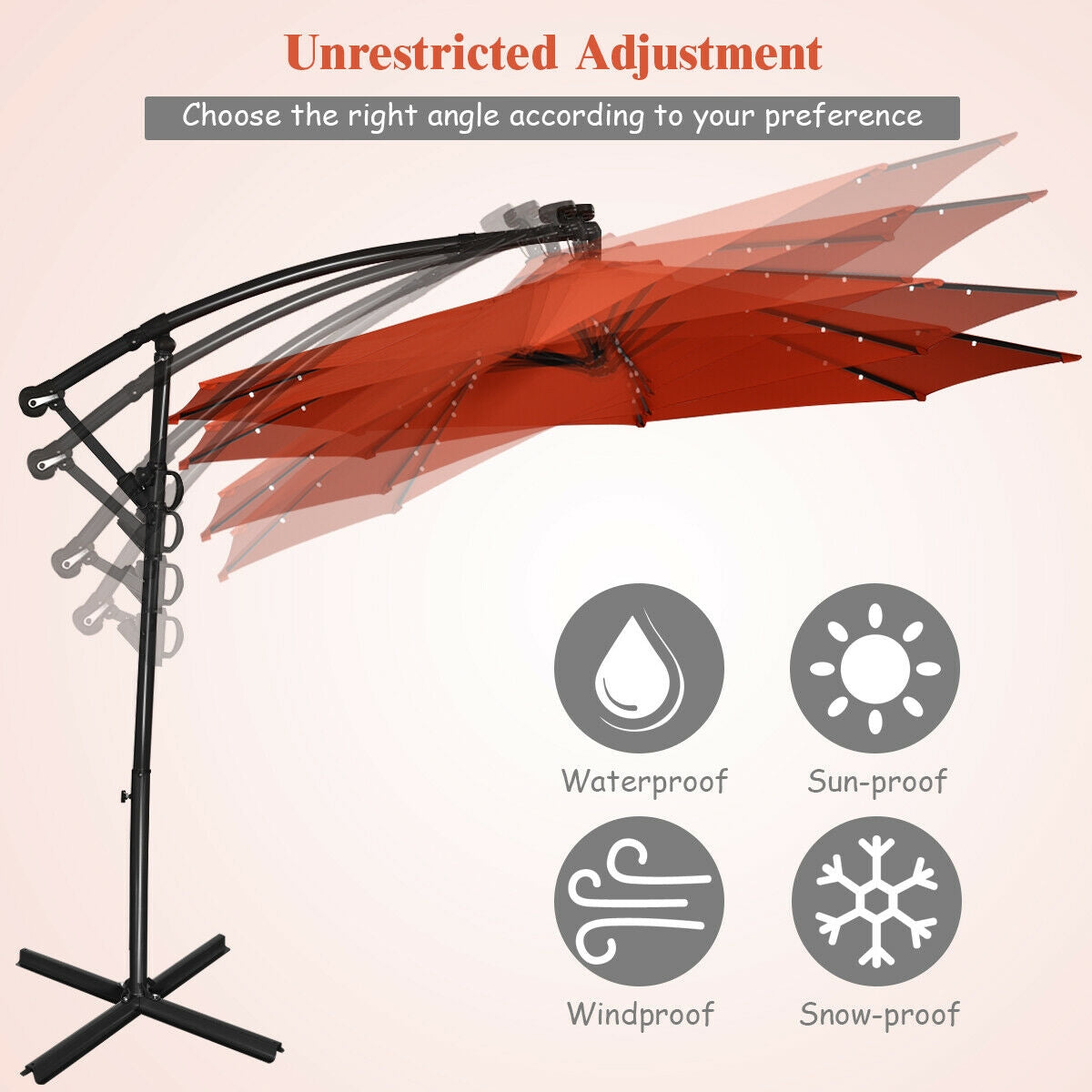 10 Feet 360° Rotation Solar Powered LED Patio Offset Umbrella without